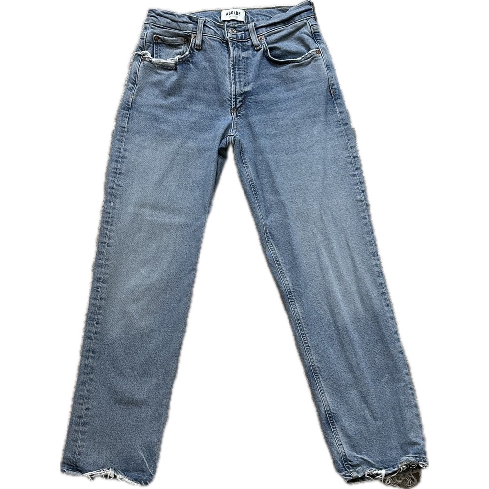 AGOLDE Kye Mid Rise Straight Crop Jeans 24 Blue Distressed Hem Sustainable Denim